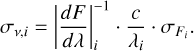Mathematical equation: ${\sigma _{v,i}} = \left| {{{dF} \over {d\lambda }}} \right|_i^{ - 1}.{c \over {{\lambda _i}}}.{\sigma _{{F_i}}}.$