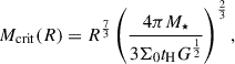 Mathematical equation: $$ \begin{aligned} M_{\rm crit}(R) = R^\frac{7}{3}\left(\frac{4\pi M_\star }{3\Sigma _0t_{\rm H}G^\frac{1}{2}} \right)^\frac{2}{3}, \end{aligned} $$