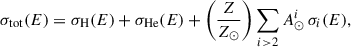 Mathematical equation: $$ \begin{aligned} \sigma _{\rm tot} (E) = \sigma _{\rm H}(E)+\sigma _{\rm He}(E)+\left(\frac{Z}{Z_\odot }\right)\sum _{i>2} A_{\odot }^{i}\,\sigma _{i}(E), \end{aligned} $$
