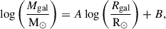 Mathematical equation: $$ \begin{aligned} \log \left(\frac{M_{\rm gal}}{\mathrm{M}_\odot }\right) = A \log \left(\frac{R_{\rm gal}}{\mathrm{R}_{\odot }}\right)+B, \end{aligned} $$
