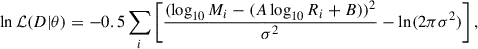 Mathematical equation: $$ \begin{aligned} \ln {\mathcal{L} (D|\theta )}=-0.5\sum _{i}\left[\frac{(\log _{10}M_i-(A\log _{10}R_i+B))^2}{\sigma ^2}-\ln (2\pi \sigma ^2) \right], \end{aligned} $$