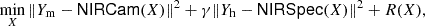 Mathematical equation: $$ \begin{aligned} \min _X \Vert Y_{\mathrm{m} } - \mathsf {NIRCam} (X)\Vert ^2 + \gamma \Vert Y_{\mathrm{h} } - \mathsf {NIRSpec} (X)\Vert ^2 + R(X), \end{aligned} $$