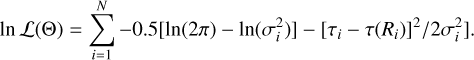Mathematical equation: $\[\ln~ \mathcal{L}(\Theta)=\sum_{i=1}^N-0.5[\ln (2 \pi)-\ln (\sigma_i^2)]-[\tau_i-\tau(R_i)]^2 / 2 \sigma_i^2]\]$