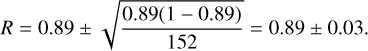 Mathematical equation: R = 0.89 \pm \sqrt{\frac{0.89(1-0.89)}{152}} = 0.89 \pm 0.03.