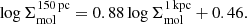 Mathematical equation: $$ \begin{aligned} \log \Sigma _{\rm mol}^\mathrm{150\,pc} = 0.88 \log \Sigma _{\rm mol}^\mathrm{1\,kpc} + 0.46. \end{aligned} $$