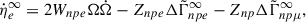 Mathematical equation: $$ \begin{aligned} \dot{\eta }_e^\infty& = 2W_{npe}\Omega \dot{\Omega }-Z_{npe}\Delta \tilde{\Gamma }^\infty _{npe}-Z_{np}\Delta \tilde{\Gamma }^\infty _{np\mu },\end{aligned} $$