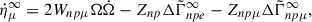Mathematical equation: $$ \begin{aligned} \dot{\eta }_\mu ^\infty& = 2W_{np\mu }\Omega \dot{\Omega }-Z_{np}\Delta \tilde{\Gamma }^\infty _{npe}-Z_{np\mu }\Delta \tilde{\Gamma }^\infty _{np\mu }, \end{aligned} $$