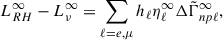 Mathematical equation: $$ \begin{aligned} L_{RH}^\infty -L_\nu ^\infty =\sum _{\ell =e,\mu }h_\ell \eta _\ell ^\infty \Delta \tilde{\Gamma }^\infty _{np\ell }, \end{aligned} $$
