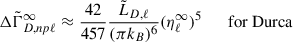 Mathematical equation: $$ \begin{aligned} \Delta \tilde{\Gamma }_{D,np\ell }^\infty&\approx \frac{42}{457}\frac{\tilde{L}_{D,\ell }}{(\pi k_B)^6}(\eta _\ell ^\infty )^5 \qquad \mathrm{for\ Durca}\end{aligned} $$