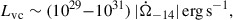 Mathematical equation: $$ \begin{aligned} L_{\mathrm{vc}} \sim (10^{29}{-}10^{31})\, |\dot{\Omega }_{-14}|\,\mathrm{erg\,s}^{-1}, \end{aligned} $$