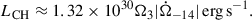 Mathematical equation: $$ \begin{aligned} L_{\mathrm{CH}} \approx 1.32\times 10^{30}\Omega _3 |\dot{\Omega }_{-14}|\,\mathrm{erg\,s}^{-1}. \end{aligned} $$