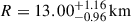 Mathematical equation: $ R = 13.00^{+1.16}_{-0.96}\,\mathrm{km} $