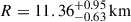 Mathematical equation: $ R = 11.36^{+0.95}_{-0.63}\,\mathrm{km} $