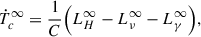 Mathematical equation: $$ \begin{aligned} \dot{T}_c^\infty = \frac{1}{C}\Big (L_{H}^{\infty }-L_{\nu }^{\infty }-L_{\gamma }^{\infty }\Big ), \end{aligned} $$