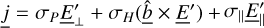 Mathematical equation: $\underline j = {\sigma _P}\underline E _ \bot ^\prime + {\sigma _H}\left( {\underline {\hat b} \times \underline E } \right) + {\sigma _}\underline E _^\prime $
