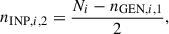 Mathematical equation: $$ \begin{aligned} n_{\mathrm{INP},i,2} = \frac{N_i - n_{\mathrm{GEN},i,1}}{2}, \end{aligned} $$