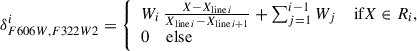 Mathematical equation: $$ \begin{aligned} \delta _{F606W,F322W2}^{i} = {\left\{ \begin{array}{ll} W_{i} \, \frac{X - X_{\mathrm{line}\,i}}{X_{\mathrm{line}\,i} - X_{\mathrm{line}\,i+1}} + \sum _{j = 1}^{i-1} W_{j} \quad \text{ if} X \in R_i ,\\ 0 \quad \text{ else} \end{array}\right.} \end{aligned} $$