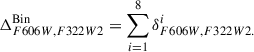 Mathematical equation: $$ \begin{aligned} \Delta _{F606W,F322W2}^\mathrm{Bin} = \sum _{i = 1}^{8} \delta _{F606W,F322W2.}^{i} \end{aligned} $$