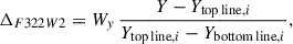 Mathematical equation: $$ \begin{aligned} \Delta _{F322W2} = W_{{ y}} \, \frac{Y - Y_{\mathrm{top\,line}, i}}{Y_{\mathrm{top\,line}, i} - Y_{\mathrm{bottom\,line}, i}}, \end{aligned} $$