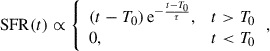 Mathematical equation: $$ \begin{aligned} {\mathrm{SFR} ({t})} \propto {\left\{ \begin{array}{ll} {({t-T_0})}\, {\mathrm{e} ^{-\frac{{t-T_0}}{\tau }}},&t > T_0 \\ 0,&t < T_0 \end{array}\right.}, \end{aligned} $$