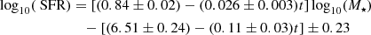 Mathematical equation: $$ \begin{aligned} \log _{10}(\text{ SFR})&= \left[ (0.84 \pm 0.02) - (0.026 \pm 0.003)t \right] \log _{10}(M_\star )\nonumber \\&\quad - \left[ (6.51 \pm 0.24) - (0.11 \pm 0.03)t \right] \pm 0.23 \end{aligned} $$