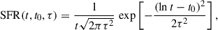 Mathematical equation: $$ \begin{aligned} \mathrm{SFR}(t,t_0,\tau ) = \frac{1}{t\sqrt{2\pi \tau ^2}}\,\exp \left[-\frac{(\ln t-t_0)^2}{2\tau ^2}\right] ,\end{aligned} $$