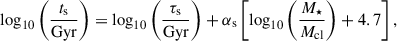 Mathematical equation: $$ \begin{aligned} \log _{10}\left(\frac{t_{\rm s}}{\mathrm{Gyr}}\right) = \log _{10}\left(\frac{\tau _{\rm s}}{\mathrm{Gyr}}\right) + \alpha _{\rm s}\left[\log _{10}\left(\frac{M_\star }{M_{\rm cl}}\right)+4.7\right], \end{aligned} $$