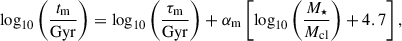 Mathematical equation: $$ \begin{aligned} \log _{10}\left(\frac{t_{\rm m}}{\mathrm{Gyr}}\right) = \log _{10}\left(\frac{\tau _{\rm m}}{\mathrm{Gyr}}\right) + \alpha _{\rm m}\left[\log _{10}\left(\frac{M_\star }{M_{\rm cl}}\right)+4.7\right], \end{aligned} $$