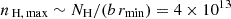 Mathematical equation: $ n_{\, \rm H, \, max} \sim N_{\mathrm{H}}/(b\,r_{\mathrm{min}}) = 4 \times 10^{13} $