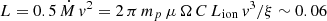 Mathematical equation: $ L = 0.5 \, \dot{M} \, v^2 = 2 \, \pi \, m_p \, \mu \, \Omega \, C \, L_{\mathrm{ion}} \, v^3 / \xi \sim 0.06 $