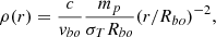 Mathematical equation: $$ \begin{aligned} \rho (r) = \frac{c}{v_{bo}}\frac{m_{p}}{\sigma _T R_{bo}}(r/R_{bo})^{-2}, \end{aligned} $$