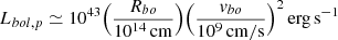 Mathematical equation: $ L_{bol,p} \simeq 10^{43}\Big( \frac{R_{bo}}{10^{14}\,\mathrm{cm}}\Big)\Big( \frac{v_{bo}}{10^{9}\,\mathrm{cm/s}}\Big)^{2}\, \mathrm{erg\,s^{-1}} $