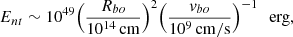 Mathematical equation: $$ \begin{aligned} E_{nt} \sim 10^{49}\Big ( \frac{R_{bo}}{10^{14}\,\mathrm{cm} }\Big )^{2}\Big ( \frac{v_{bo}}{10^{9}\,\mathrm{cm/s} }\Big )^{-1}\,\,\,\, \mathrm{erg} , \end{aligned} $$