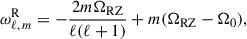 Mathematical equation: $$ \begin{aligned} \omega ^\mathrm{R}_{\ell ,\, m} = -\frac{2m\Omega _{\rm RZ}}{\ell (\ell +1)} + m(\Omega _{\rm RZ} - \Omega _0), \end{aligned} $$