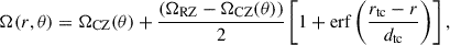 Mathematical equation: $$ \begin{aligned} \Omega (r, \theta ) = \Omega _{\rm CZ}(\theta ) + \frac{(\Omega _{\rm RZ} - \Omega _{\rm CZ}(\theta ))}{2}\left[1+ \mathrm{erf}\left(\frac{r_{\rm tc}-r}{d_{\rm tc}}\right)\right], \end{aligned} $$