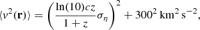 Mathematical equation: $$ \begin{aligned} \langle v^2(\mathbf{r}) \rangle =\left( \frac{\ln (10)cz}{1+z}\sigma _{\eta }\right)^2+300^2\,\mathrm {km}^{2}\,\mathrm {s}^{-2} , \end{aligned} $$