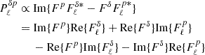 Mathematical equation: $$ \begin{aligned} P^{\delta p}_{\ell }&\propto {\mathrm{Im} }\{F^{p}F_{\ell }^{\delta *}-F^{\delta }F_{\ell }^{p *}\}\nonumber \\&={\mathrm{Im} }\{F^{p}\}{\mathrm{Re} }\{F^{\delta }_{\ell }\}+{\mathrm{Re} }\{F^{\delta }\}{\mathrm{Im} }\{F^{p}_{\ell }\}\nonumber \\&\ \ \ \ \ -{\mathrm{Re} }\{F^{p}\}{\mathrm{Im} }\{F^{\delta }_{\ell }\}-{\mathrm{Im} }\{F^{\delta }\}{\mathrm{Re} }\{F^{p}_{\ell }\} \end{aligned} $$