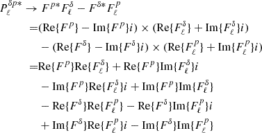 Mathematical equation: $$ \begin{aligned} P^{\delta p*}_{\ell } \rightarrow&\ F^{p*}F_{\ell }^{\delta }-F^{\delta *}F_{\ell }^{p}\nonumber \\ =&({\mathrm{Re} }\{F^{p}\}-{\mathrm{Im} }\{F^{p}\}i)\times ({\mathrm{Re} }\{F^{\delta }_{\ell }\}+{\mathrm{Im} }\{F^{\delta }_{\ell }\}i)\nonumber \\&-({\mathrm{Re} }\{F^{\delta }\}-{\mathrm{Im} }\{F^{\delta }\}i)\times ({\mathrm{Re} }\{F^{p}_{\ell }\}+{\mathrm{Im} }\{F^{p}_{\ell }\}i)\nonumber \\ =&{\mathrm{Re} }\{F^{p}\}{\mathrm{Re} }\{F^{\delta }_{\ell }\}+{\mathrm{Re} }\{F^{p}\}{\mathrm{Im} }\{F^{\delta }_{\ell }\}i\nonumber \\&-{\mathrm{Im} }\{F^{p}\}{\mathrm{Re} }\{F^{\delta }_{\ell }\}i+{\mathrm{Im} }\{F^{p}\}{\mathrm{Im} }\{F^{\delta }_{\ell }\}\nonumber \\&-{\mathrm{Re} }\{F^{\delta }\}{\mathrm{Re} }\{F^{p}_{\ell }\}-{\mathrm{Re} }\{F^{\delta }\}{\mathrm{Im} }\{F^{p}_{\ell }\}i\nonumber \\&+{\mathrm{Im} }\{F^{\delta }\}{\mathrm{Re} }\{F^{p}_{\ell }\}i-{\mathrm{Im} }\{F^{\delta }\}{\mathrm{Im} }\{F^{p}_{\ell }\} \end{aligned} $$