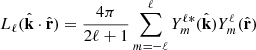Mathematical equation: $$ \begin{aligned} L_{\ell }(\hat{\mathbf{k}}\cdot \hat{\mathbf{r} }) = \frac{4\pi }{2\ell +1}\sum ^{\ell }_{m=-\ell }Y^{\ell *}_{m}(\hat{\mathbf{k}})Y^{\ell }_{m}(\hat{\mathbf{r}}) \end{aligned} $$