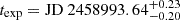 Mathematical equation: $ t_{\mathrm{exp}}=\mathrm{JD\ }2458993.64^{+0.23}_{-0.20} $