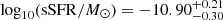 Mathematical equation: $ \log_{10}(\mathrm{sSFR}/M_\odot) = -10.90^{+0.21}_{-0.30} $
