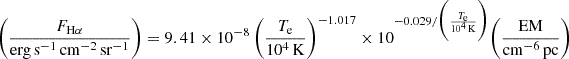 Mathematical equation: $$ \begin{aligned} \begin{aligned} \biggl (\frac{F_{\rm H\alpha }}{\mathrm{erg\,s}^{-1}\,\mathrm{cm}^{-2}\,\mathrm{sr}^{-1}}\biggr )&= 9.41 \times 10^{-8}\,\biggl (\frac{T_{\rm e}}{10^4\,\mathrm K}\biggr )^{-1.017} \times 10^{-0.029/\biggl (\frac{T_{\rm e}}{10^4\,\mathrm K}\biggr )} \biggl (\frac{\mathrm{EM}}{\mathrm{cm}^{-6}\,\mathrm{pc}}\biggr ) \end{aligned} \end{aligned} $$