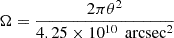 Mathematical equation: $ \Omega = \frac{2\pi \theta^2}{4.25 \times 10^{10}\, \text{ arcsec}^2} $