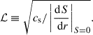 Mathematical equation: $$ \begin{aligned} \mathcal{L} \equiv \sqrt{c_{\mathrm{s}} /\left|\frac{\mathrm{d} S}{\mathrm{\ d} r}\right|_{S=0}}. \end{aligned} $$