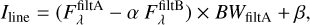 Mathematical equation: $I_{\text {line }}=\left(F_{\lambda}^{\text {filtA }}-\alpha F_{\lambda}^{\text {filtB }}\right) \times B W_{\text {filtA }}+\beta,$