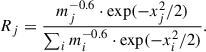 Mathematical equation: $$ \begin{aligned} R_j = \frac{m_j^{-0.6}\cdot \mathrm{exp}(-x_j^2/2)}{\sum _i m_i^{-0.6}\cdot \mathrm{exp}(-x_i^2/2) }. \end{aligned} $$