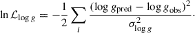 Mathematical equation: $$ \begin{aligned} \ln {\mathcal{L} }_{\log g} = -\frac{1}{2} \sum _i \frac{(\log g_{\rm pred} - {\log g}_{\rm obs})^2}{\sigma _{\log g}^2}\cdot \end{aligned} $$