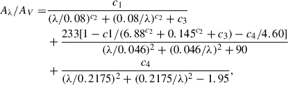 Mathematical equation: $$ \begin{aligned} A_{\lambda }/A_V =&\frac{c_1}{(\lambda /0.08)^{c_2} +(0.08/\lambda )^{c_2} +c_3}\nonumber \\&+ \frac{233[1-c1/(6.88^{c_2}+0.145^{c_2}+c_3) -c_4/4.60]}{(\lambda /0.046)^2+(0.046/\lambda )^2+90}\nonumber \\&+ \frac{c_4}{(\lambda /0.2175)^2+(0.2175/\lambda )^2-1.95}, \end{aligned} $$