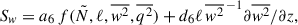 Mathematical equation: $$ \begin{aligned} S_w = a_6\,f(\tilde{N},\ell ,\overline{w^2},\overline{q^2}) + d_6 \ell \, \overline{w^2}^{\,-1} \partial {\overline{w^2}} / \partial z, \end{aligned} $$