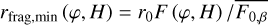 Mathematical equation: ${r_{{\rm{frag,}}\min }}(\varphi ,H) = {r_0}F(\varphi ,H)/\overline {{F_{0,\beta }}} $